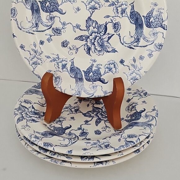 Staffordshire Engravings Bird of Paradise Salad Plate 7" blue white chintz set/4 - Picture 3 of 11